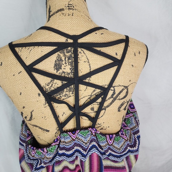 PAPERDOLL Size Large Open Back Tribal Print Chiffon V-Neck Mini‎ Blouson Dress - Picture 5 of 9